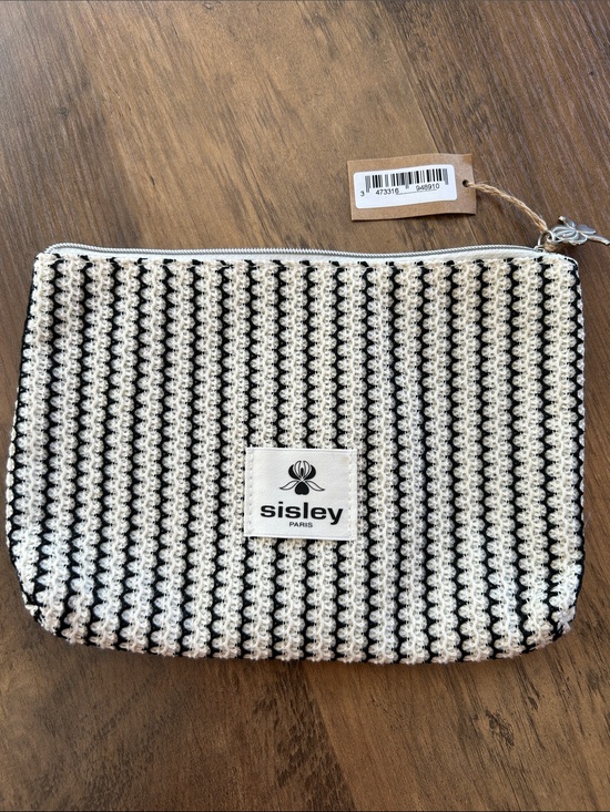 Sisley-Paris Handbags - Sisley-Paris Black & Cream Striped Crochet Cosmetic Pouch
